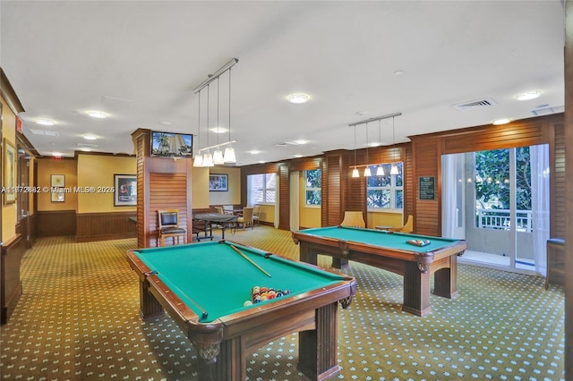 19501 W Country Club Dr Unit 1006, Aventura, FL 33180 - recreation room with carpet flooring, visible vents, track lighting, pool table, and wainscoting