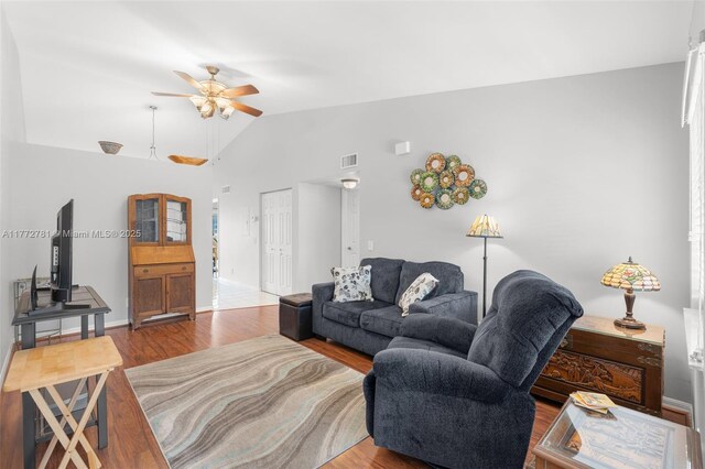 3171 Holiday Springs Blvd Unit 31-5, Margate, FL 33063 - living room featuring visible vents, ceiling fan, wood finished floors, and vaulted ceiling