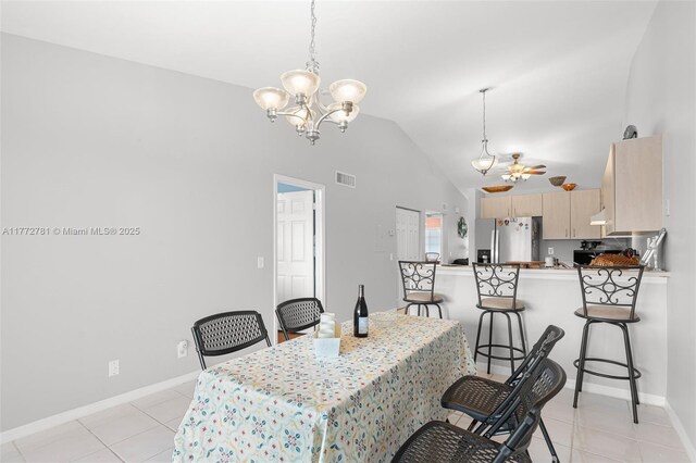 3171 Holiday Springs Blvd Unit 31-5, Margate, FL 33063 - dining space with lofted ceiling, light tile patterned floors, ceiling fan with notable chandelier, baseboards, and visible vents