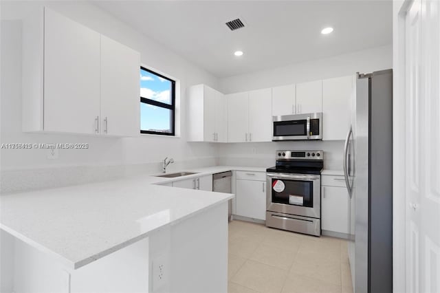 kitchen featuring a sink, white cabinetry, a peninsula, stainless steel appliances, and visible vents