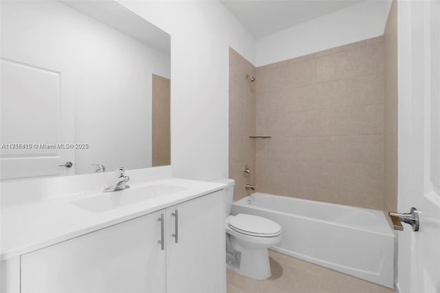 bathroom with toilet, vanity, shower / bathtub combination, and tile patterned floors
