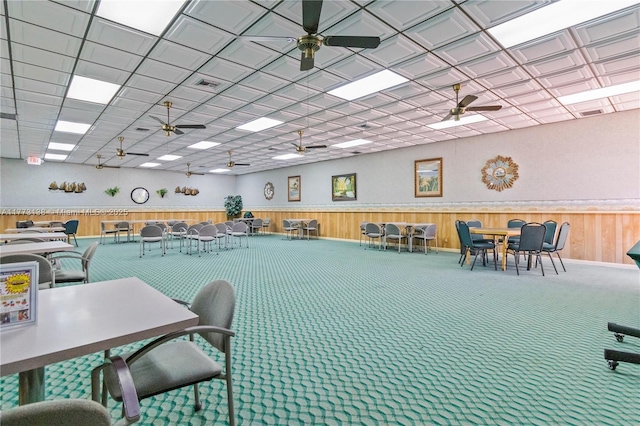 1100 Colony Point Cir Unit 201, Pembroke Pines, FL 33026 - misc room featuring a ceiling fan, a wainscoted wall, carpet floors, and wood walls