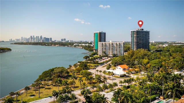 birds eye view of property with a city view and a water view