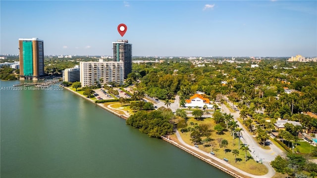 bird's eye view featuring a view of city and a water view