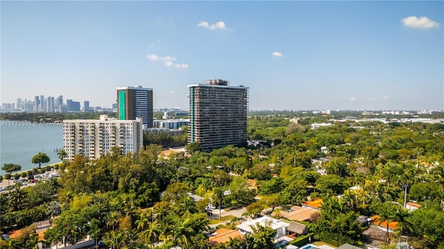 drone / aerial view featuring a view of city and a water view