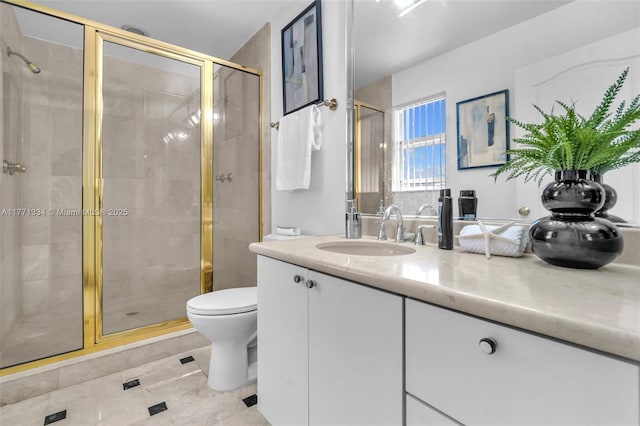 bathroom with toilet, vanity, and a shower stall