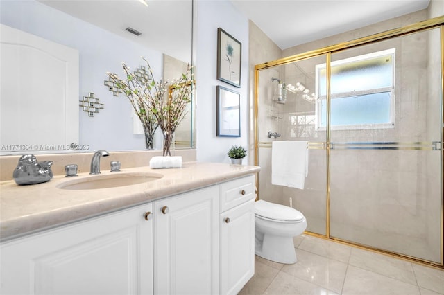 bathroom with a stall shower, toilet, vanity, tile patterned flooring, and visible vents