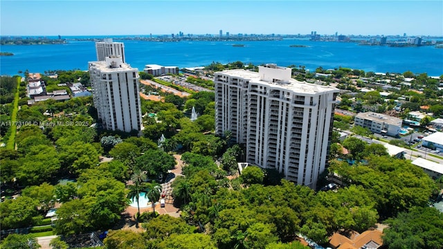 drone / aerial view with a water view and a city view