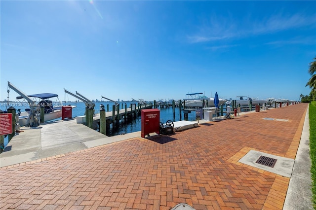 view of dock with a water view and boat lift