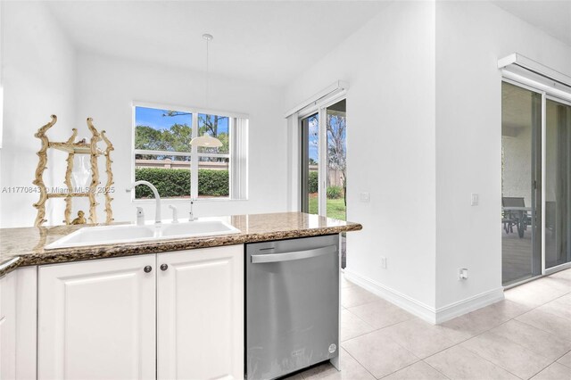 6843 Montrose Way, Boynton Beach, FL 33437 - kitchen featuring stainless steel dishwasher, a sink, dark stone countertops, and white cabinetry