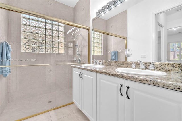 6843 Montrose Way, Boynton Beach, FL 33437 - full bath featuring a shower stall, double vanity, and tile patterned flooring