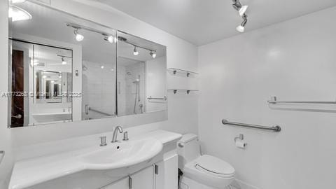 bathroom featuring vanity, rail lighting, a shower with shower door, and toilet