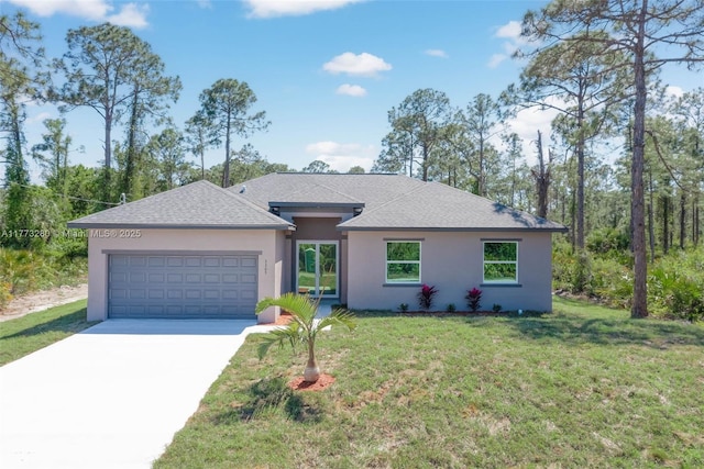 view of front of property featuring driveway, an attached garage, stucco siding, roof with shingles, and a front lawn