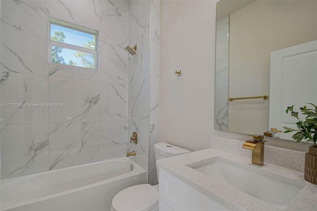 full bath featuring toilet, vanity, and bathtub / shower combination