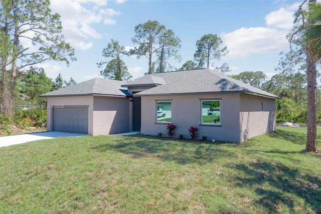 view of front of home featuring stucco siding, an attached garage, concrete driveway, a front yard, and a shingled roof