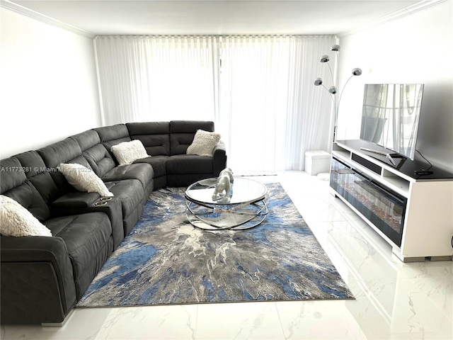427 Golden Isles Dr Unit 5G, Hallandale Beach, FL 33009 - living room featuring marble finish floor and ornamental molding