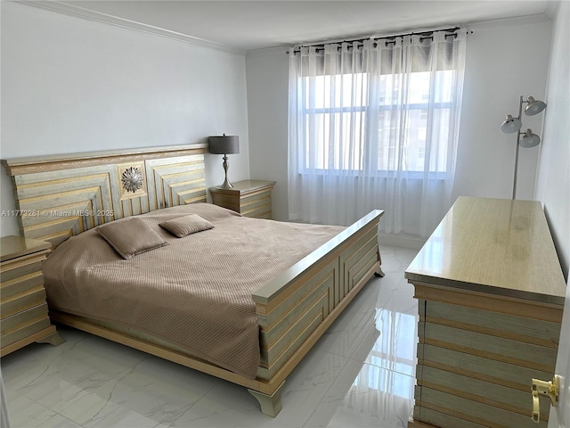 427 Golden Isles Dr Unit 5G, Hallandale Beach, FL 33009 - bedroom featuring crown molding and marble finish floor