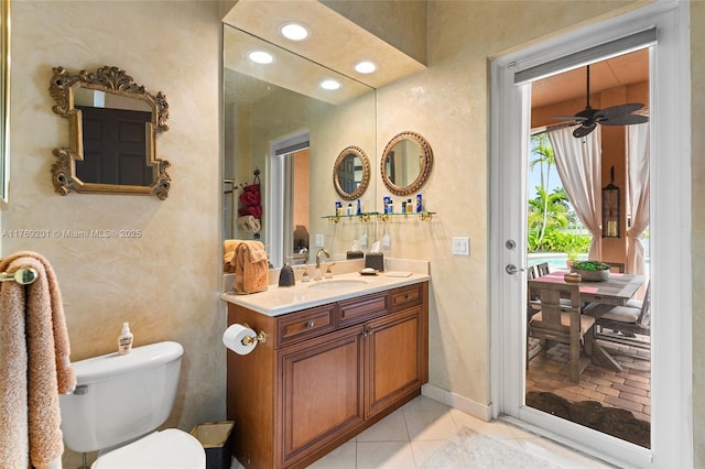 bathroom with vanity, recessed lighting, toilet, tile patterned floors, and ceiling fan