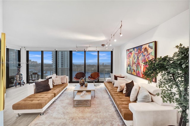 20281 E Country Club Dr Unit 1002, Aventura, FL 33180 - living room featuring wood finished floors, rail lighting, expansive windows, and healthy amount of natural light