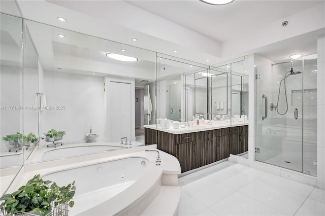 20281 E Country Club Dr Unit 1002, Aventura, FL 33180 - bathroom with vanity, a shower stall, a tub with jets, and recessed lighting