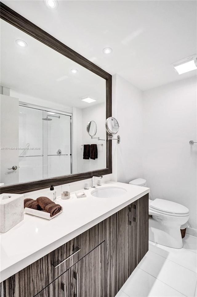 20281 E Country Club Dr Unit 1002, Aventura, FL 33180 - full bathroom with vanity, a shower stall, recessed lighting, and tile patterned flooring