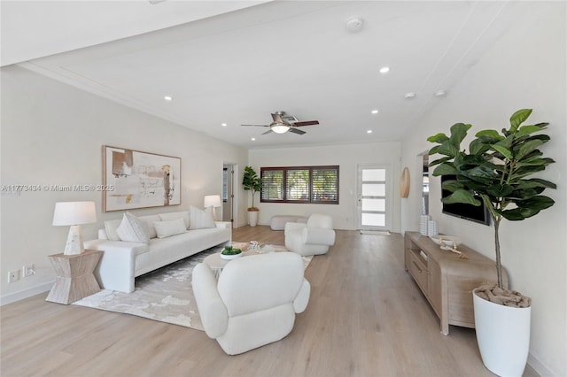 74 NE 103rd St, Miami Shores, FL 33138 - living room featuring light wood finished floors, a ceiling fan, recessed lighting, baseboards, and ornamental molding