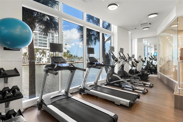 workout area with wood finished floors, visible vents, and expansive windows