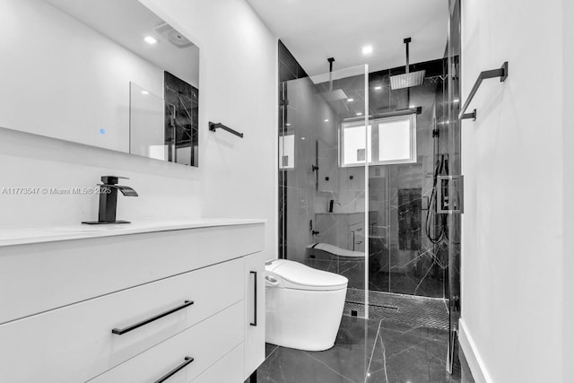 full bath with vanity, toilet, marble finish floor, a marble finish shower, and recessed lighting