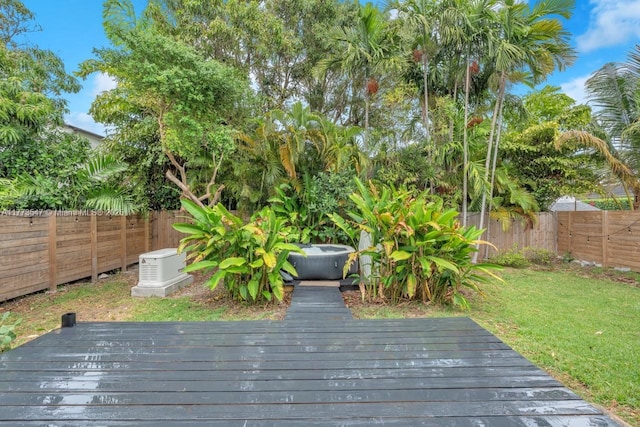 deck with a fenced backyard and a yard