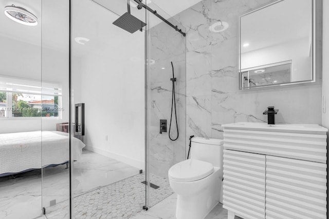 bathroom featuring ensuite bathroom, marble finish floor, a marble finish shower, and toilet