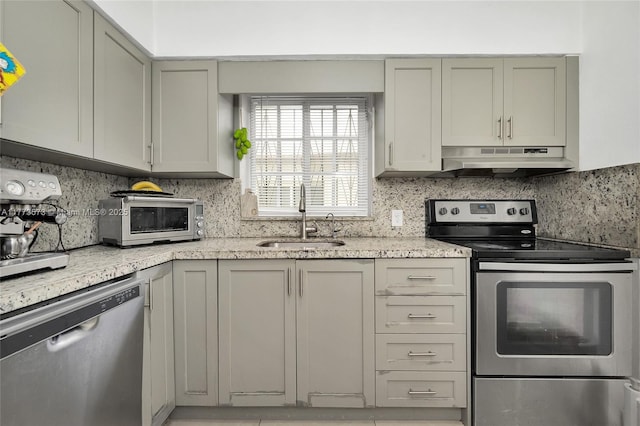kitchen with under cabinet range hood, a sink, tasteful backsplash, and appliances with stainless steel finishes