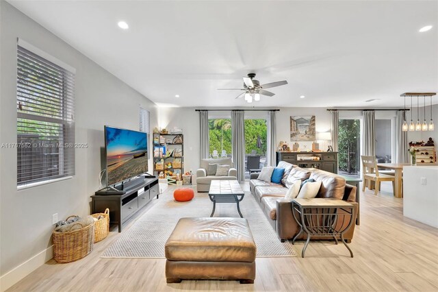709 SW 17th St, Fort Lauderdale, FL 33315 - living room featuring light wood-style flooring, a ceiling fan, and recessed lighting