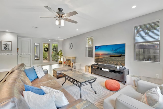 709 SW 17th St, Fort Lauderdale, FL 33315 - living room with a ceiling fan, visible vents, and recessed lighting