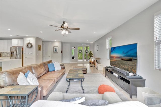 709 SW 17th St, Fort Lauderdale, FL 33315 - living area with a ceiling fan, light wood-style flooring, and recessed lighting