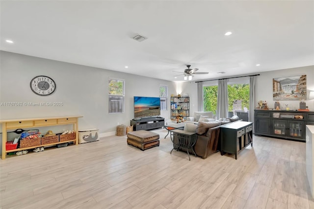 709 SW 17th St, Fort Lauderdale, FL 33315 - living room with a ceiling fan, recessed lighting, baseboards, visible vents, and wood finished floors