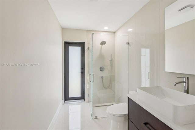 20160 NW 9th Dr, Pembroke Pines, FL 33029 - bathroom featuring a shower stall, vanity, tile patterned floors, and recessed lighting