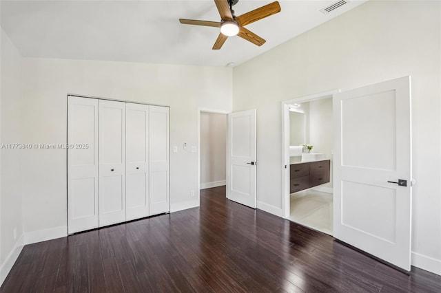 20160 NW 9th Dr, Pembroke Pines, FL 33029 - unfurnished bedroom featuring lofted ceiling, wood finished floors, a closet, connected bathroom, and a ceiling fan