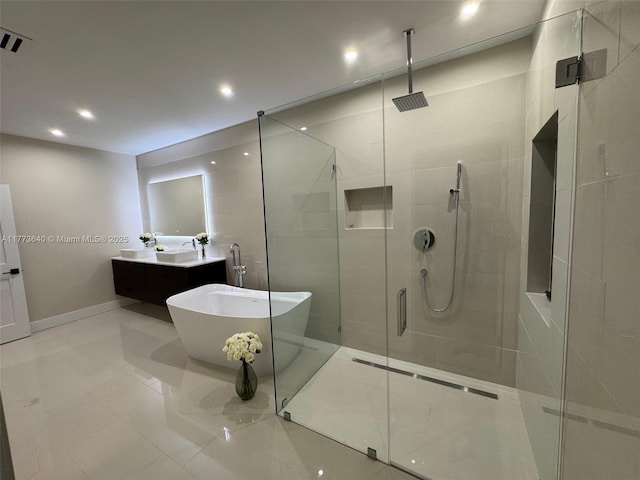 20160 NW 9th Dr, Pembroke Pines, FL 33029 - full bath with a shower stall, vanity, a soaking tub, recessed lighting, and tile patterned floors
