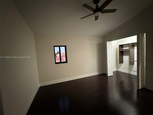 20160 NW 9th Dr, Pembroke Pines, FL 33029 - unfurnished bedroom with dark wood-style floors, lofted ceiling, a closet, and a ceiling fan