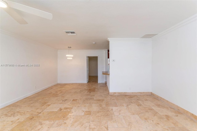 219 NE 11th Ave Unit 2, Hallandale Beach, FL 33009 - spare room with visible vents, crown molding, stone finish flooring, baseboards, and ceiling fan