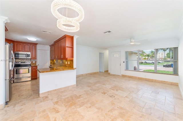 219 NE 11th Ave Unit 2, Hallandale Beach, FL 33009 - kitchen featuring visible vents, a ceiling fan, appliances with stainless steel finishes, backsplash, and stone tile floors