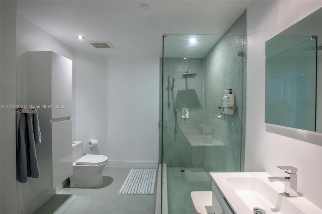 3131 NE 188th St Unit 2-1002, Aventura, FL 33180 - bathroom with toilet, a stall shower, vanity, recessed lighting, and tile patterned flooring