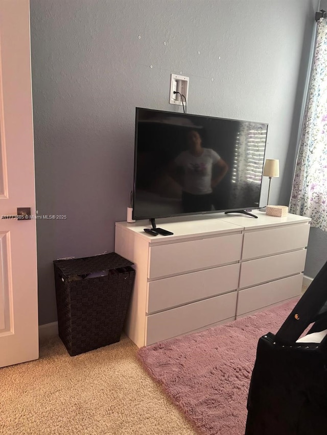 bedroom with light carpet