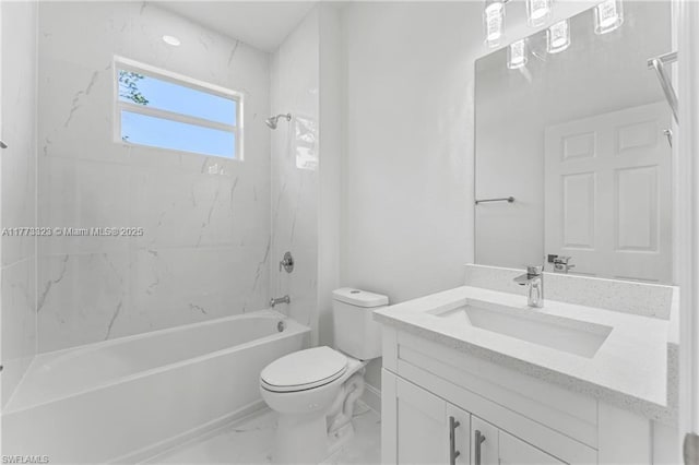 full bathroom with marble finish floor, vanity, shower / bath combination, and toilet