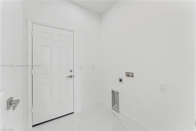 laundry room featuring hookup for an electric dryer, hookup for a washing machine, baseboards, marble finish floor, and laundry area