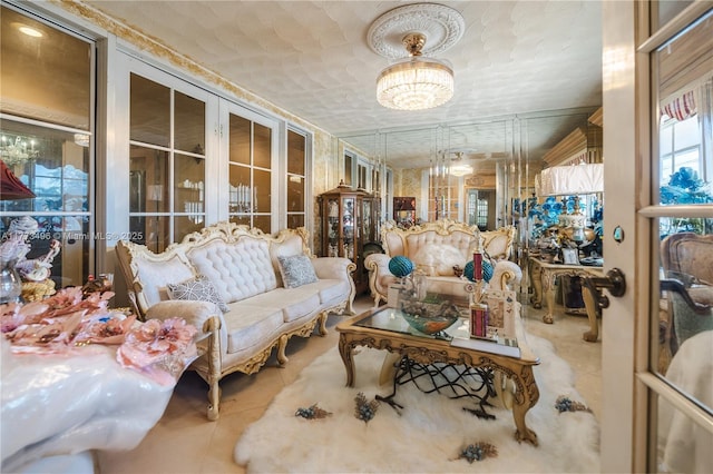 85 NW 165th St, Miami, FL 33169 - tiled living room featuring a notable chandelier