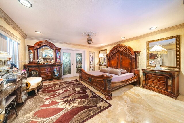 85 NW 165th St, Miami, FL 33169 - bedroom featuring crown molding, recessed lighting, french doors, marble finish floor, and access to exterior