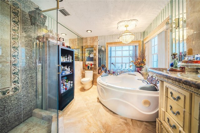 85 NW 165th St, Miami, FL 33169 - full bathroom featuring vanity, toilet, a stall shower, a garden tub, and a notable chandelier