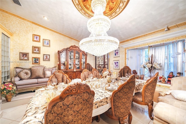 85 NW 165th St, Miami, FL 33169 - dining space featuring wallpapered walls, tile patterned flooring, visible vents, ornamental molding, and an inviting chandelier
