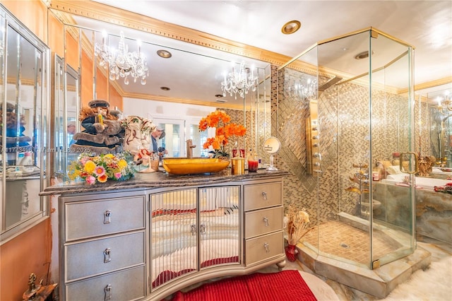85 NW 165th St, Miami, FL 33169 - full bath with vanity, crown molding, a stall shower, and a notable chandelier